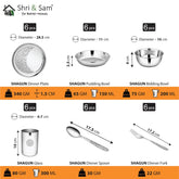 Designer Stainless Steel Shagun Laser Bloom Dinner Set Of 36 Pieces, Silver | 6 Dinner Plate+ 6 Glass+ 6 Bidding Bowl+ 6 Pudding Bowl+ 6 Dinner Spoon+ 6 Dinner Fork
